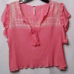 FREE PEOPLE SARAFINA IN PINK LEMONADE COMBO EMBROIDERED DETAIL TOP SIZE S